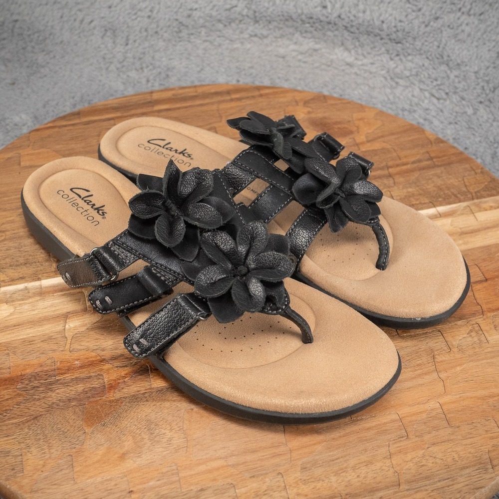 Clarke Women's Elizabelle Mae‎ Floral Black Leather Sandals Size 8